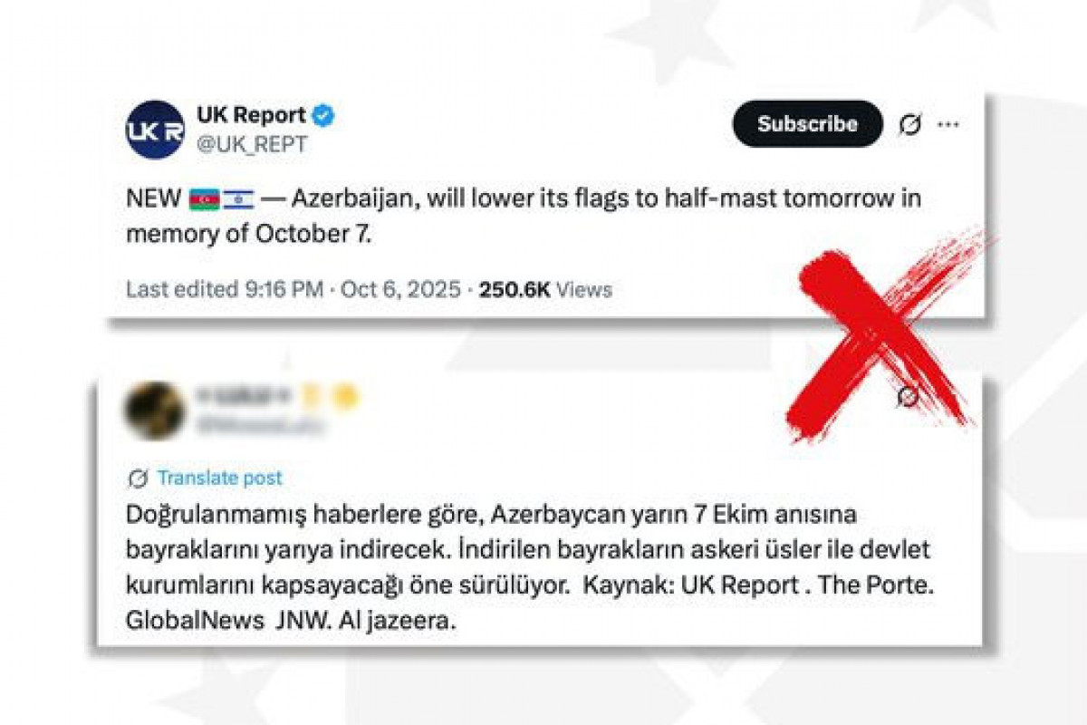 Türkiyə İsrail-HAMAS müharibəsinin ildönümündə Azərbaycanda bayraqların yarıya endirildiyi barədə xəbərləri saxta adlandırıb