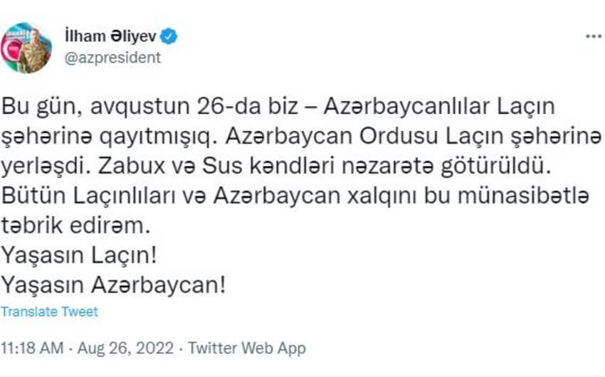 İlham Əliyev: "Azərbaycan Ordusu Laçın şəhərinə yerləşdi"