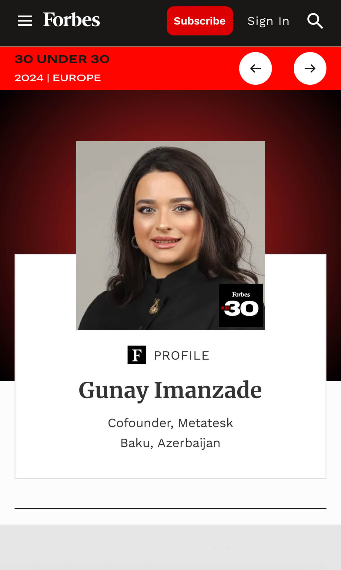 Azərbaycanlı xanım təsisçi "FORBES 30 UNDER 30" siyahısında!