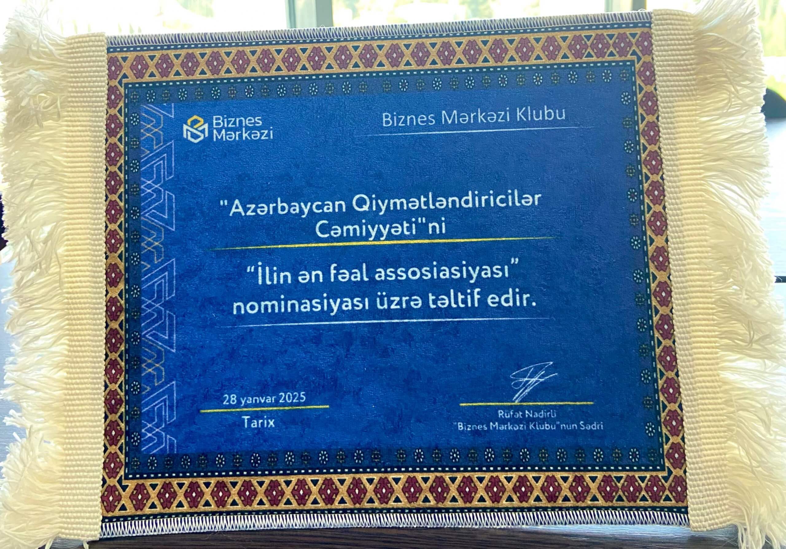 Azərbaycan Qiymətləndiricilər Cəmiyyəti 2024-cü ilin ən fəal assosiasiyası seçilib